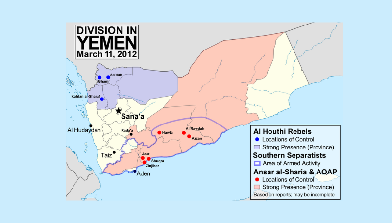 Map of division in Yemen as of March 10, 2012 (after the transition of power away from President Saleh). Map is limited to information from English-language media, and therefore may be incomplete. The Al Houthis are a Zaidi Shiite rebel group, while Ansar al-Sharia and Al Qaeda in the Arabian Peninsula (AQAP) are two related violent Islamic fundamentalist groups.- Source: Wikipedia