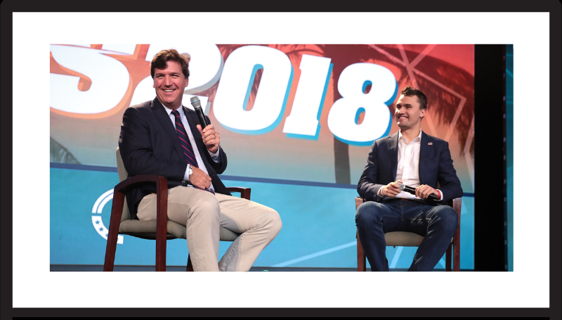 Tucker Carlson and Charlie Kirk speaking with attendees at the 2018 Student Action Summit hosted by Turning Point USA at the Palm Beach County Convention Center in West Palm Beach, Florida.SOURCE: Wikipedia