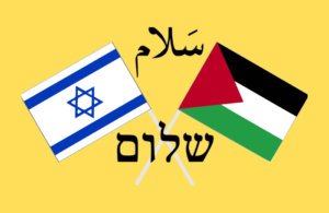 A peace movement poster: Israeli and Palestinian flags and the words peace in Arabic and Hebrew. Similar images have been used by several groups supporting a two-state solution to the conflict. (Wikipedia)