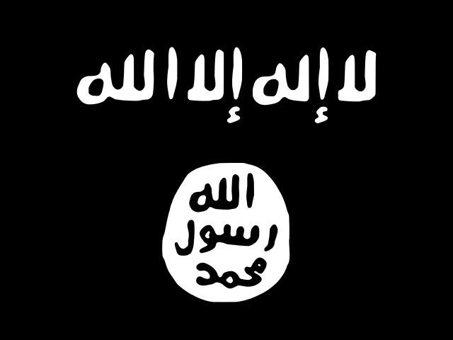 Flag of the Islamic State (IS), also known as "Islamic State of Iraq and Syria" (ISIS) or "Islamic State of Iraq and the Levant" (ISIL).  This flag is also used by al-Shabaab, al-Qaeda in the Arabian Peninsula (AQAP), al-Qaeda in the Islamic Maghreb (AQIM), and Boko Haram. (Source:Wikipedia)