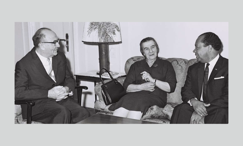 President of Togo Nicolas Grunitzky with Levi Eshkol Golda Meir in Israel 1964 - PICRYL - Public Domain Media Search Engine Public Domain Image
Get this image on: Collections - GetArchive | Licence details
Creator: PRESIDENT NICOLAS GRUNITZKY FROM TOGO MEETING WITH P.M. LEVY ESHKOL AND FOREIGN MIN. GOLDA MEIR, AT THE KING DAVID HOTEL IN JERUSALEM. 
| 
Credit: PRESIDENT NICOLAS GRUNITZKY FROM TOGO MEETING WITH P.M. LEVY ESHKOL AND FOREIGN MIN. GOLDA MEIR, AT THE KING DAVID HOTEL IN JERUSALEM. via Picryl.com
Copyright: public domain