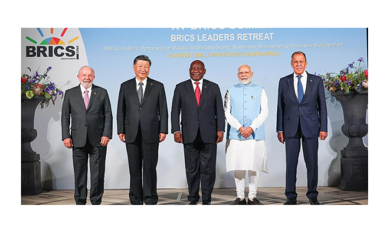 (from left) President of Brazil Lula da Silva, President of China Xi Jinping, President of South Africa Cyril Ramaphosa, Prime Minister of India Narendra Modi and Foreign Minister of Russia Sergey Lavrov, in a family photograph during the BRICS Leaders Retreat Meeting, at Johannesburg, in South Africa on August 22, 2023.- Wikipedia