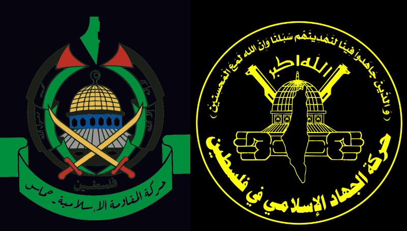 The Hamas emblem consists of two flags and two swords, with the Dome of the Rock in the middle- wikipedia

Flag of the Islamic Jihad Movement in Palestine.svg - Wikimedia Commons
