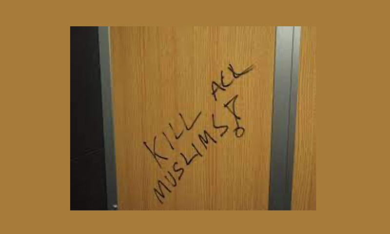 A hand-written text saying "Kill all Muslims!", found on the wall of a men's bathroom in a McDonald's restaurant in Kamppi, Helsinki, Finland.- wikipedia