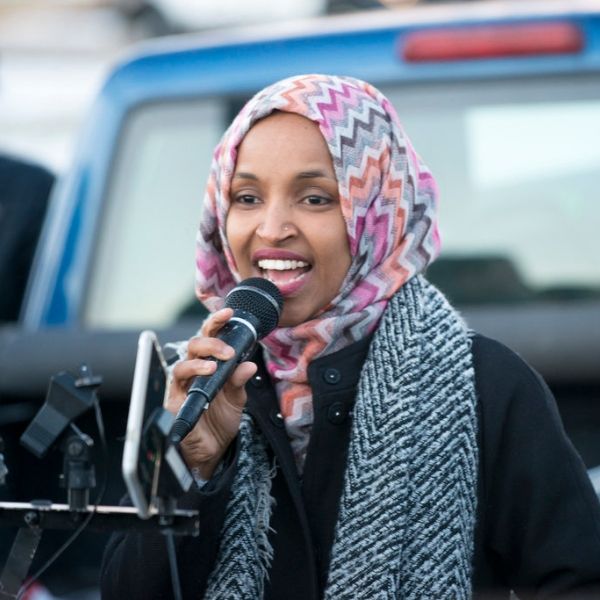 . Ilhan Omar speaking at worker protest against Amazon (Source: Flickr)