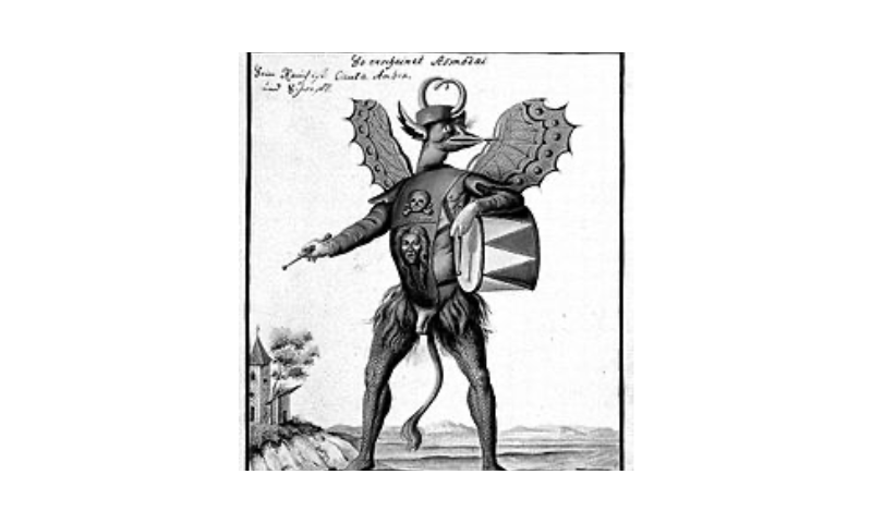 The sheyd (or in some accounts cambion) אַשְמְדּאָי (Ašmodai) in bird-like form, with dragon’s wings, lion’s tail and human phallus, as depicted in Compendium rarissimum totius Artis Magicae 1775-wikipedia