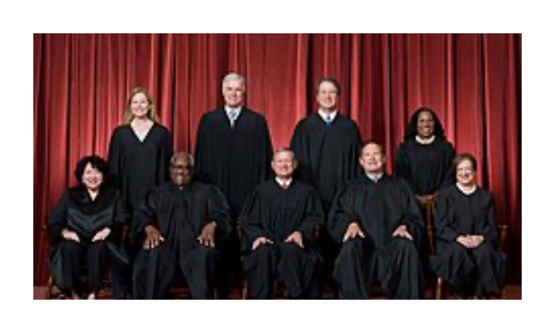 The Roberts Court (since June 2022): Front row (left to right): Sonia Sotomayor, Clarence Thomas, Chief Justice John Roberts, Samuel Alito, and Elena Kagan. Back row (left to right): Amy Coney Barrett, Neil Gorsuch, Brett Kavanaugh, and Ketanji Brown Jackson.- Wikipedia