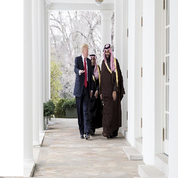 President Donald Trump walks with Mohammed bin Salman bin Abdulaziz Al Saud, Deputy Crown Prince and Minister of Defense of the Kingdom of Saudi Arabia, along the West Colonnade of the White House, Tuesday, March 14, 2017. (Official White House Photo by Shealah Craighead) 
SOURCE: FLICKR